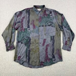 Vintage Goouch Shirt Mens Large Multi Color 100% Silk Abstract Art Button Up 90s